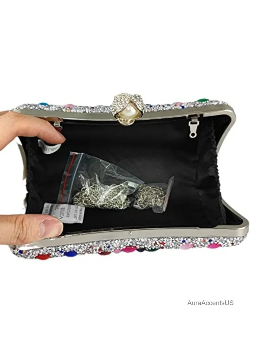 Crystal Clutch Evening Bag Rhinestone Wedding Purse Mini Pearl Clasp Satin
